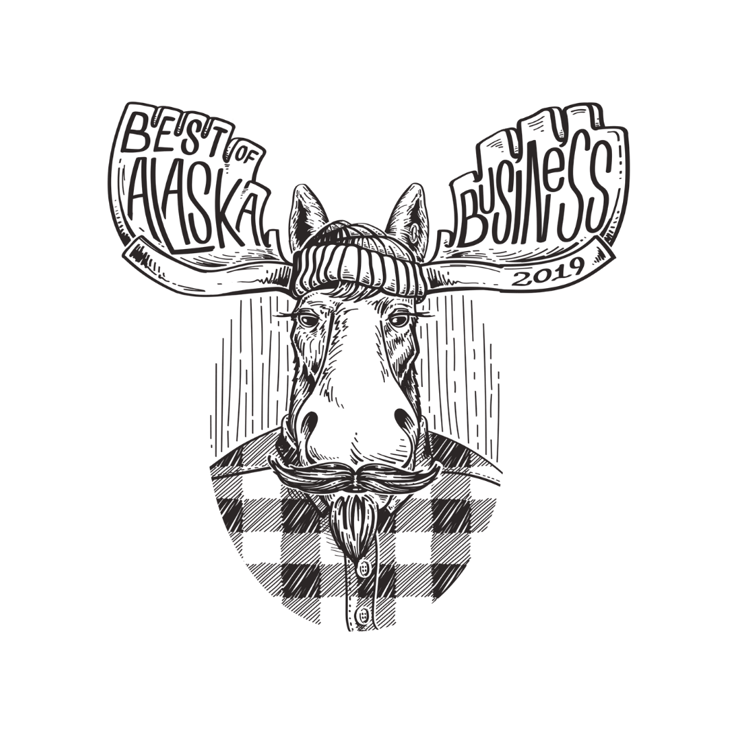 Illustration of a moose wearing a plaid shirt and a hat, with the phrases "Best of Alaska" and "Business" on its antlers, and the year 2019.