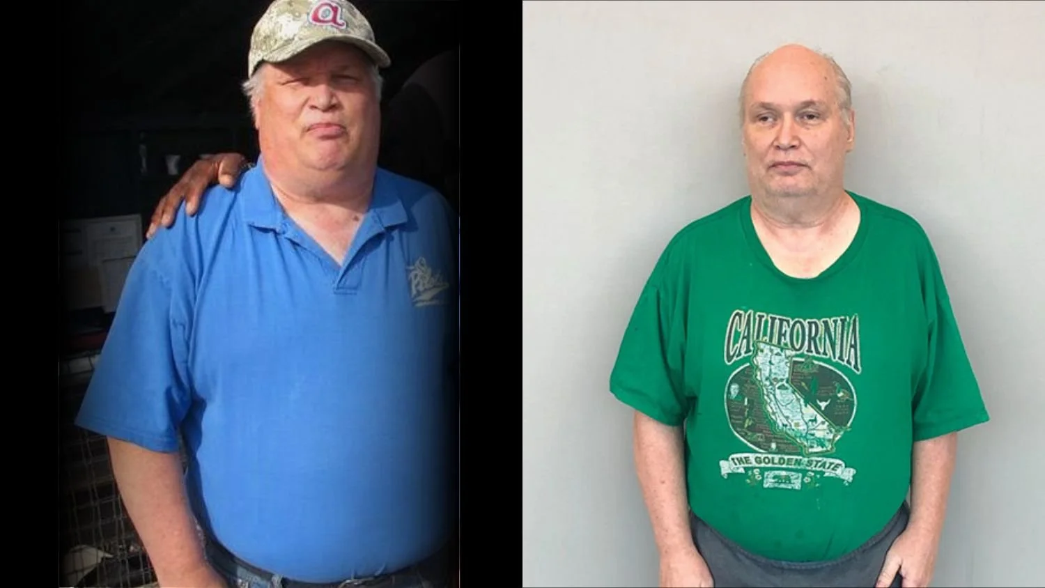 Side-by-side comparison of two men, the man on the left is wearing a blue polo shirt and a camouflage baseball cap, the man on the right is wearing a green T-shirt with California graphic, both appear to be middle-aged.