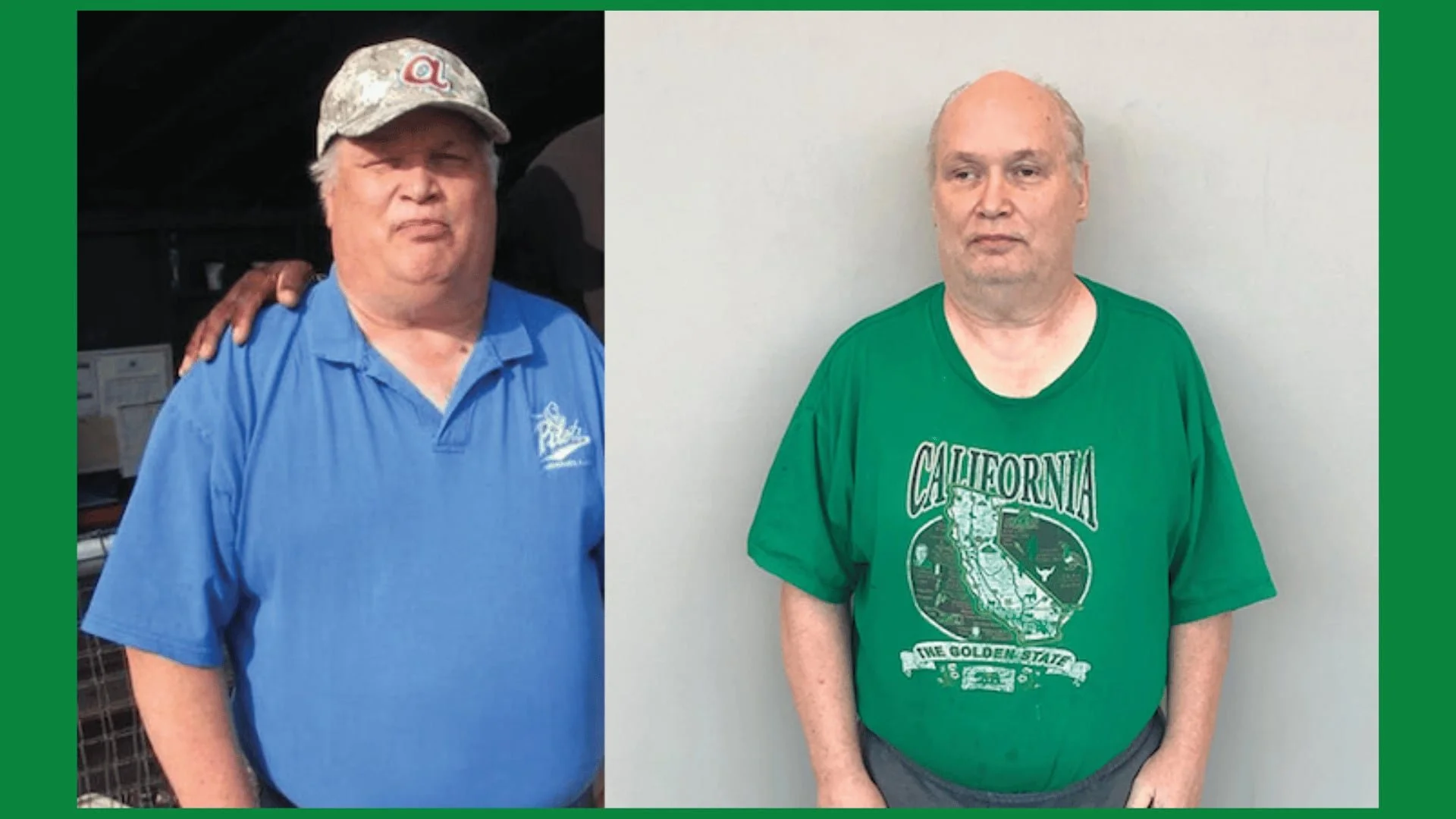 Side-by-side comparison of two men, the man on the left is wearing a blue polo shirt and a camouflage baseball cap, the man on the right is wearing a green T-shirt with California graphic, both appear to be middle-aged.