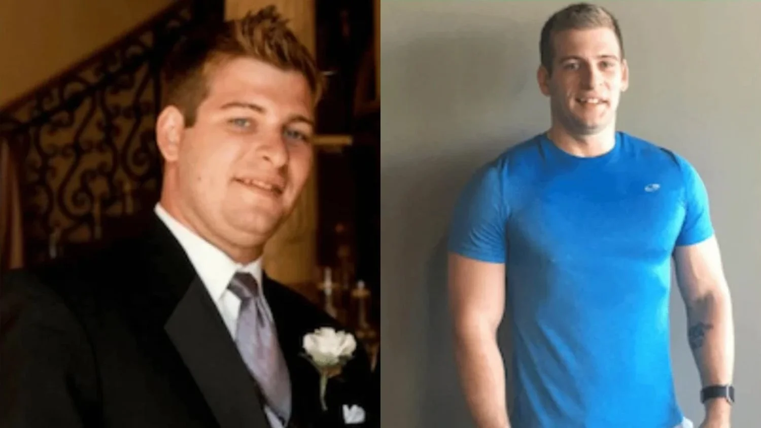 Comparison of a man before and after fitness transformation, left in formal attire, right in casual workout clothes.