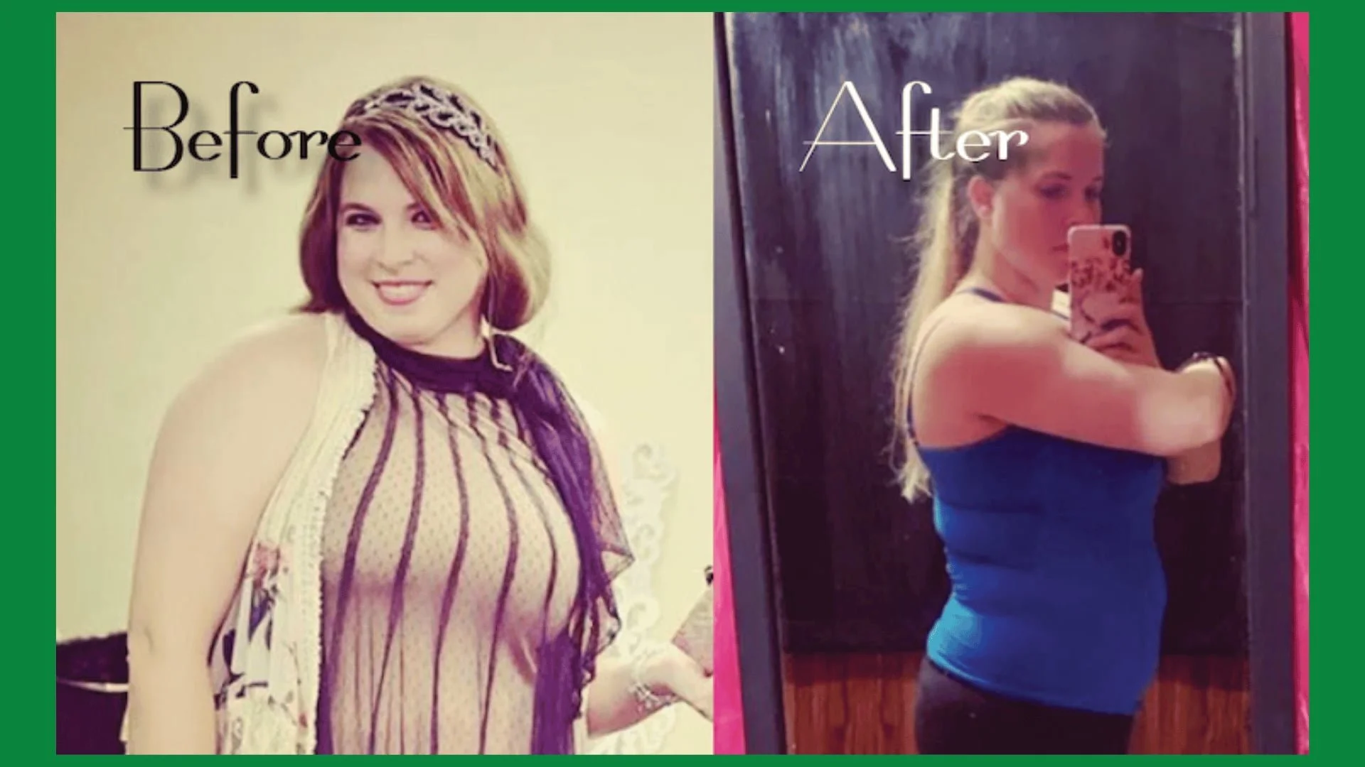 Side-by-side photo with the left labeled 'Before' showing a woman with shoulder-length red hair, smiling, wearing a beige and black striped top. The right labeled 'After' showing the same woman with long blonde hair, taking a mirror selfie, wearing a navy blue tank top and black leggings.