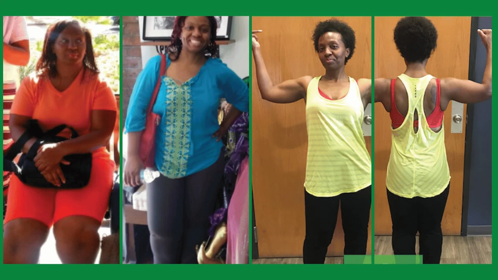 Sequence of three images showing a woman’s weight loss journey. First image: woman sitting on a bench, wearing an orange shirt and red shorts. Second image: woman standing indoors, wearing a blue top and dark pants, smiling. Third image: woman flexing her muscles in a yellow tank top and black pants, seen from the front and back, showing muscular progress.