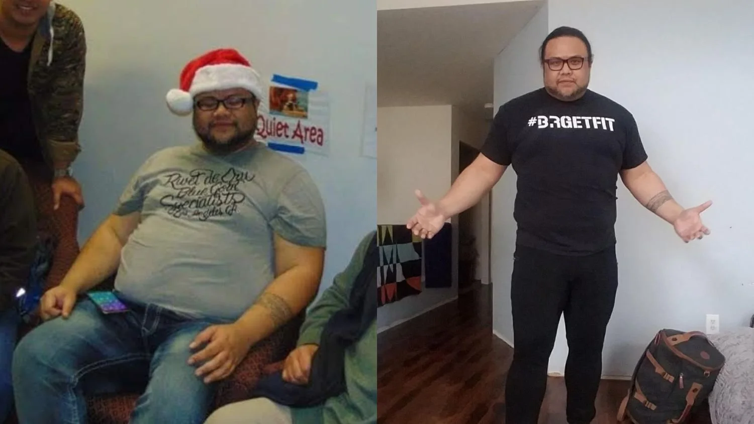 Comparison of a man before and after weight loss transformation, with the left image showing a man wearing a Santa hat and casual clothes, and the right image showing the same man significantly slimmer, wearing a black t-shirt with #B3GETFIT written on it.