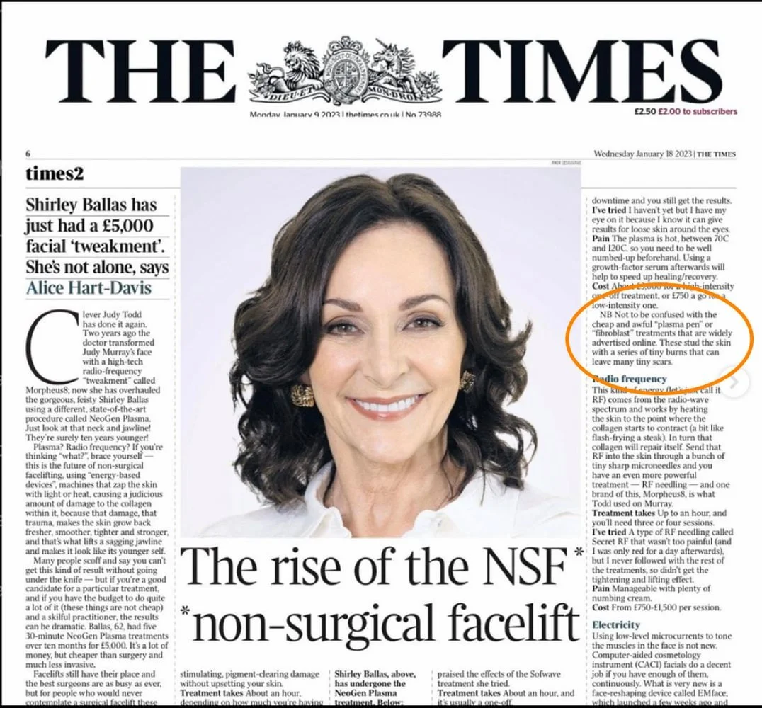Article in The Times about 'the risk of the non-surgical facelift' featuring interview with Shirley Ballas about Neogen Plasma