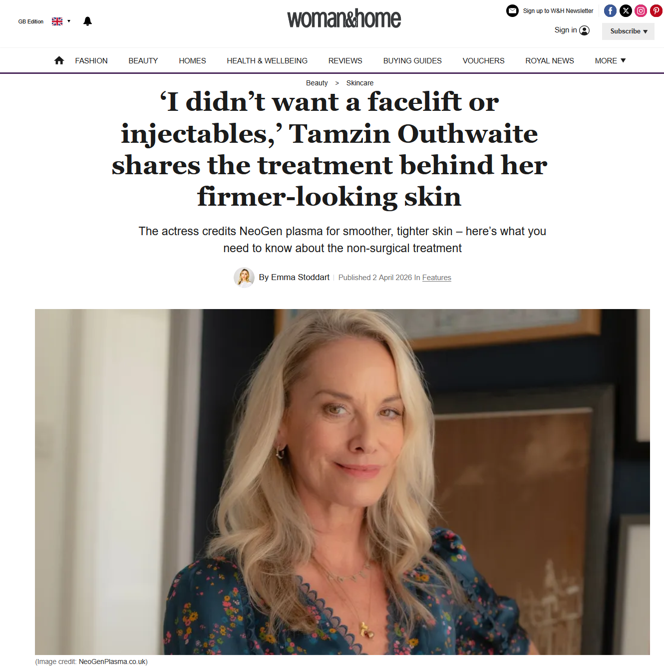 Interview with Tamzin Outhwaite in Woman & Home about Neogen Plasma and her firming-looking skin