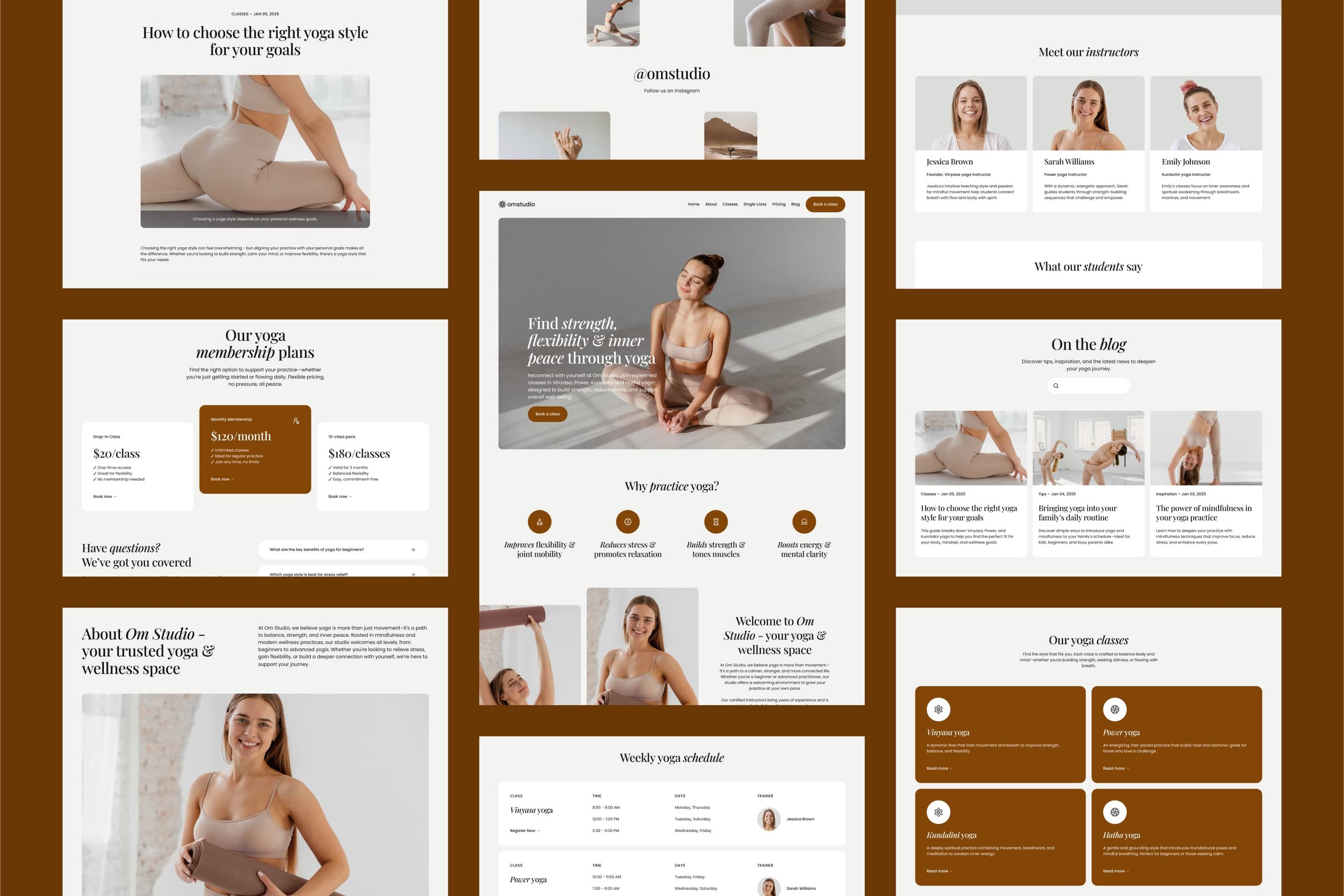 Yoga Studio Squarespace template full site preview showing homepage, about, classes, blog, contact, and other key pages.