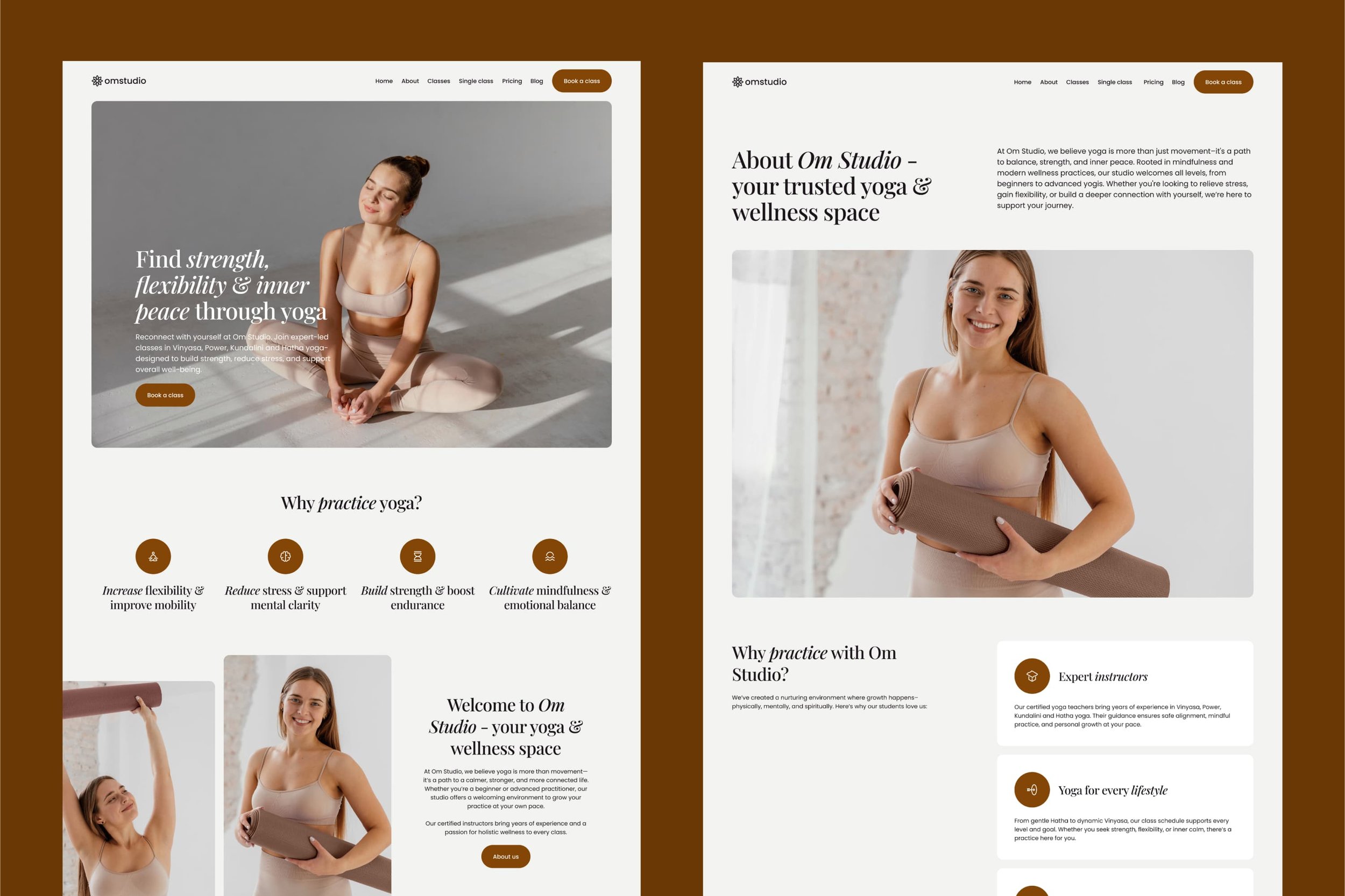 Yoga Studio Squarespace template home page and about page showcasing yoga instructor profiles, studio values, and clean, calming design.