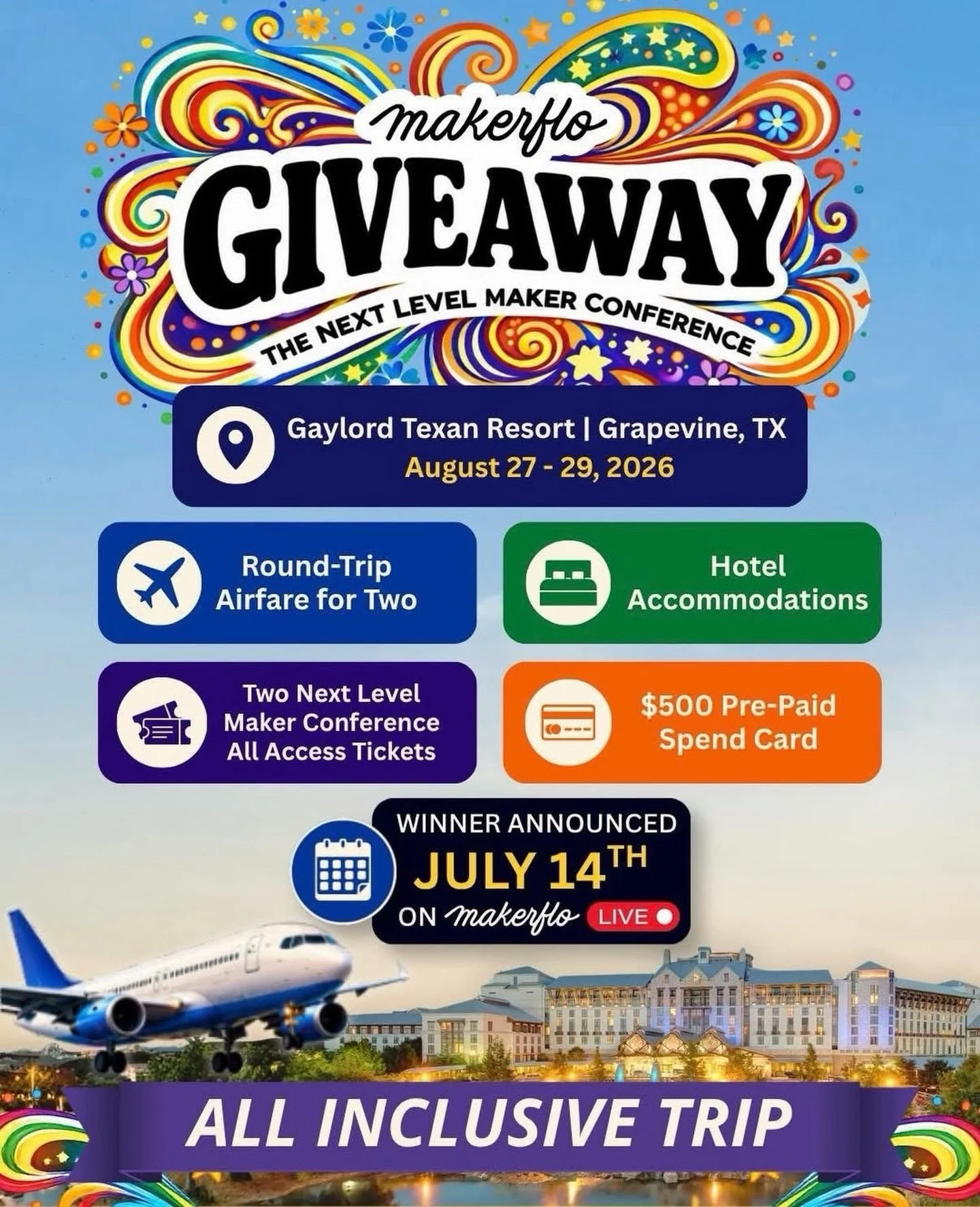 Come to Dallas with us in August! Enter for your chance to WIN! Link in Bio!!

🎁 Grand Prize Package Includes

✈️ Round-Trip Airfare for Two

🏨 Hotel Accommodations

🎟️ Two (2) Next Level Maker Conference All Access Tickets ($798 Value)

💳 $500 P