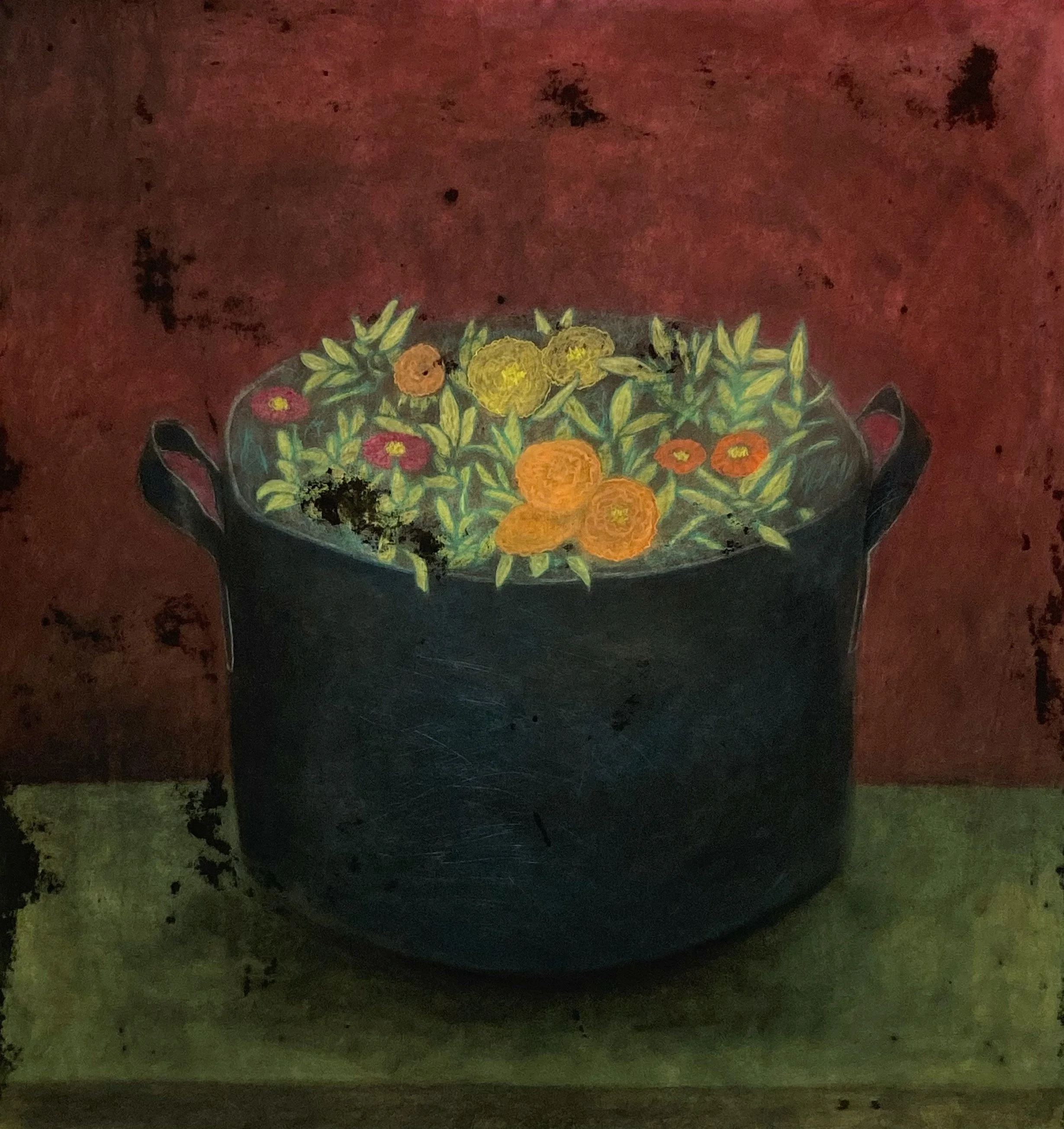 Young-In's Flowers - 30x32 inches - Gesso, Pastel, and Charcoal Dust on Paper