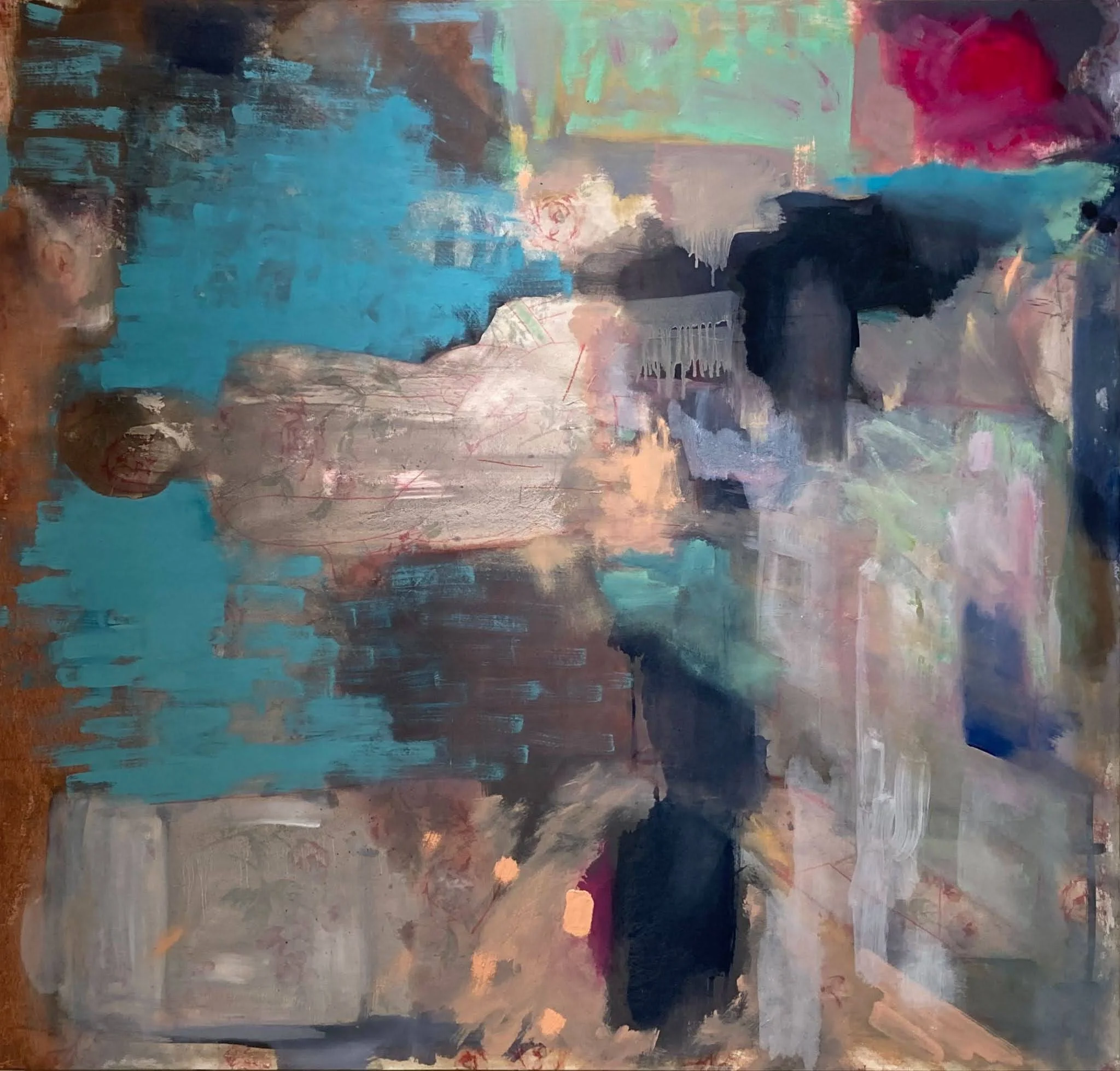 (Unreliable) Memories -  42x40 inches -  Oil and transferred textile pattern on masonite panel