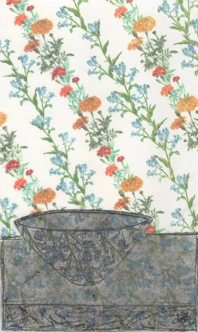 Forget Me Nots and Marigolds ∙ 10.5x 6 inches  ∙ Transferred Color Printer Ink, Carbon Tracing and Charcoal on Paper