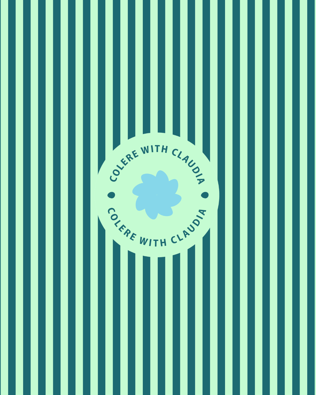 Cover with diagonal teal and light blue stripes, featuring a central circle with the text 'Colere with Claudia' and a blue flower icon.