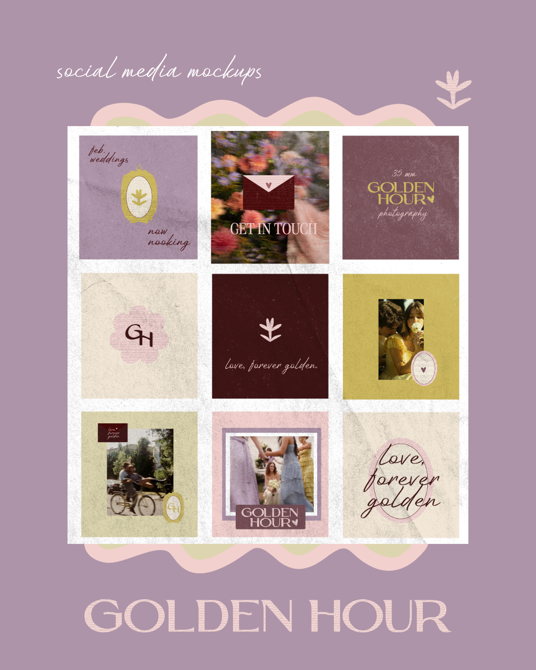 Mockup of social media templates with photos, graphics, and text, in shades of purple, pink, and yellow. Contains phrases like "love, forever golden" and "get in touch," along with decorative elements.