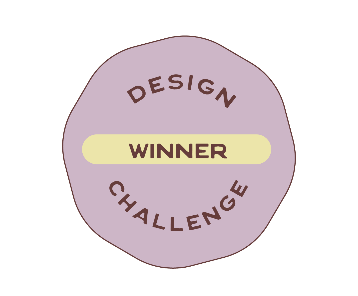 Medal with purple background and yellow banner, inscribed with 'Winner', surrounded by the words 'Design Challenge'.