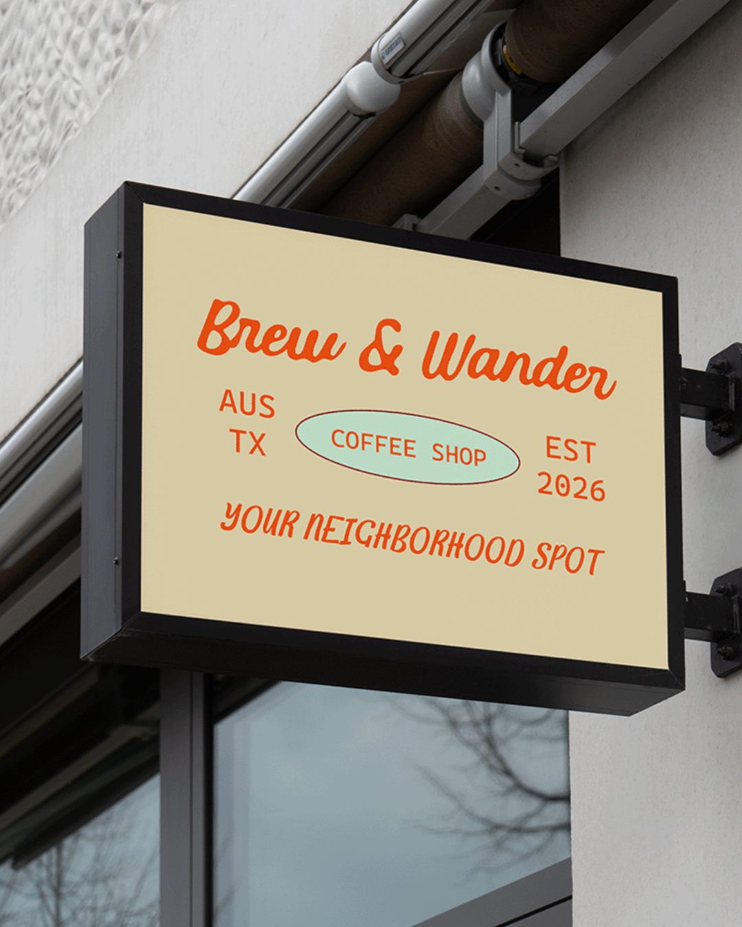A rectangular signboard for Brew & Wander coffee shop, featuring orange and red text on a beige background, including details like being from Texas, established in 2026, and describing itself as a neighborhood spot.