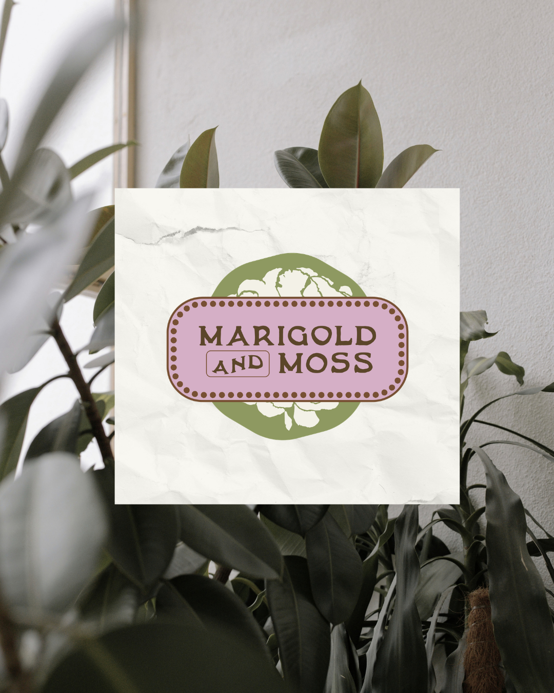 A sign for Marigold and Moss in front of green leafy plants inside a room.