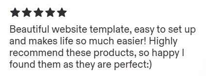 Five-star customer review praising a beautiful, easy-to-use website template and recommended products