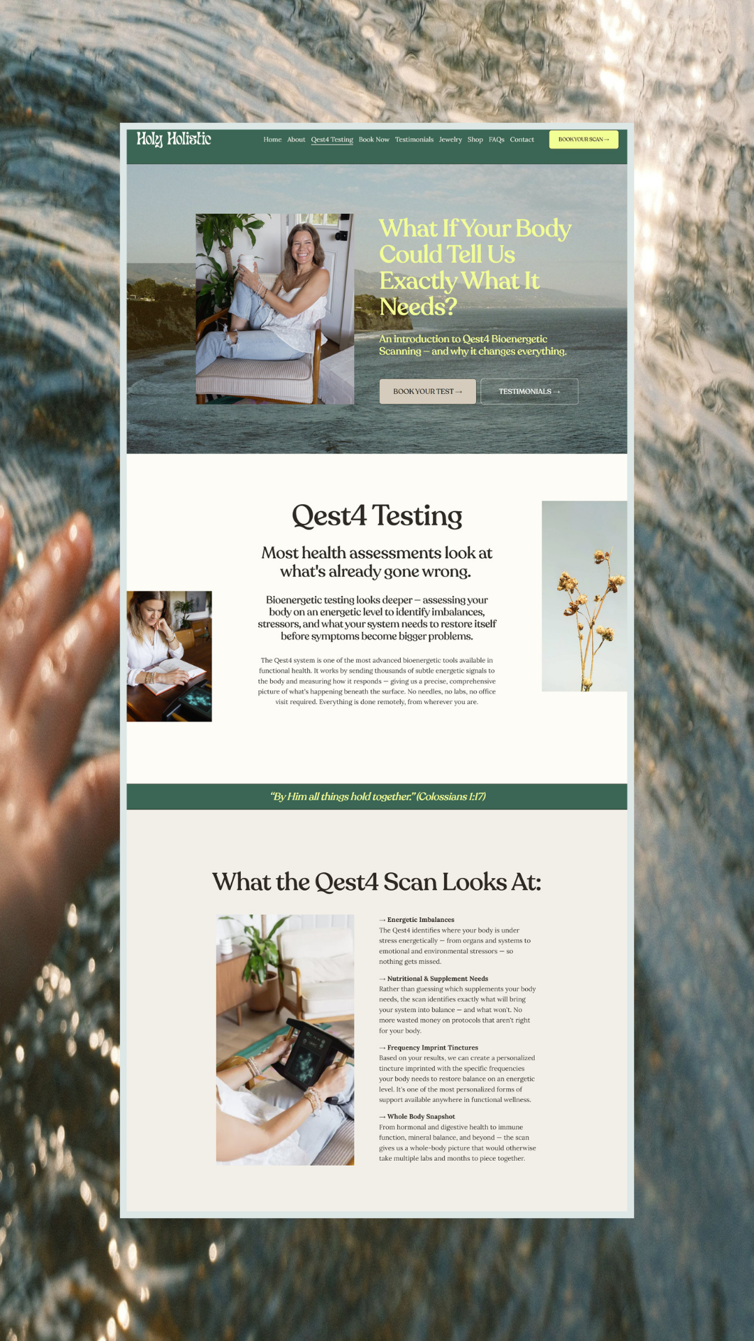 A website homepage for Holy Holistic promoting bioenergetic testing called Qest4. The page features images of a smiling woman, a plant, and a person using a scan device, with headings and text explaining health assessments and bioenergetic scanning.
