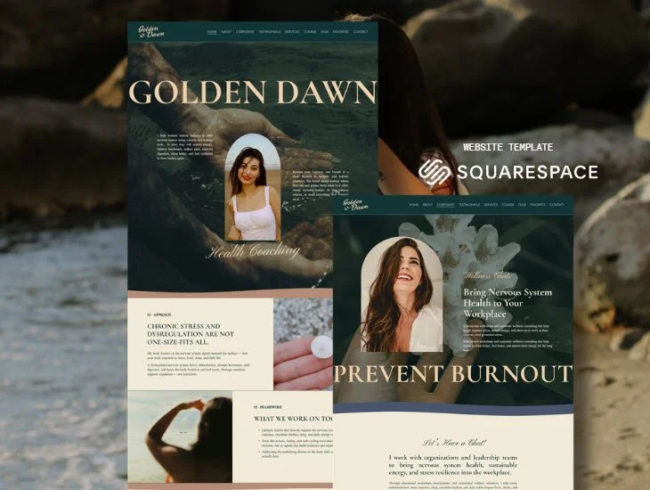 Golden Dawn Squarespace website template mockup featuring wellness coaching pages, women’s portraits, and text about preventing burnout.