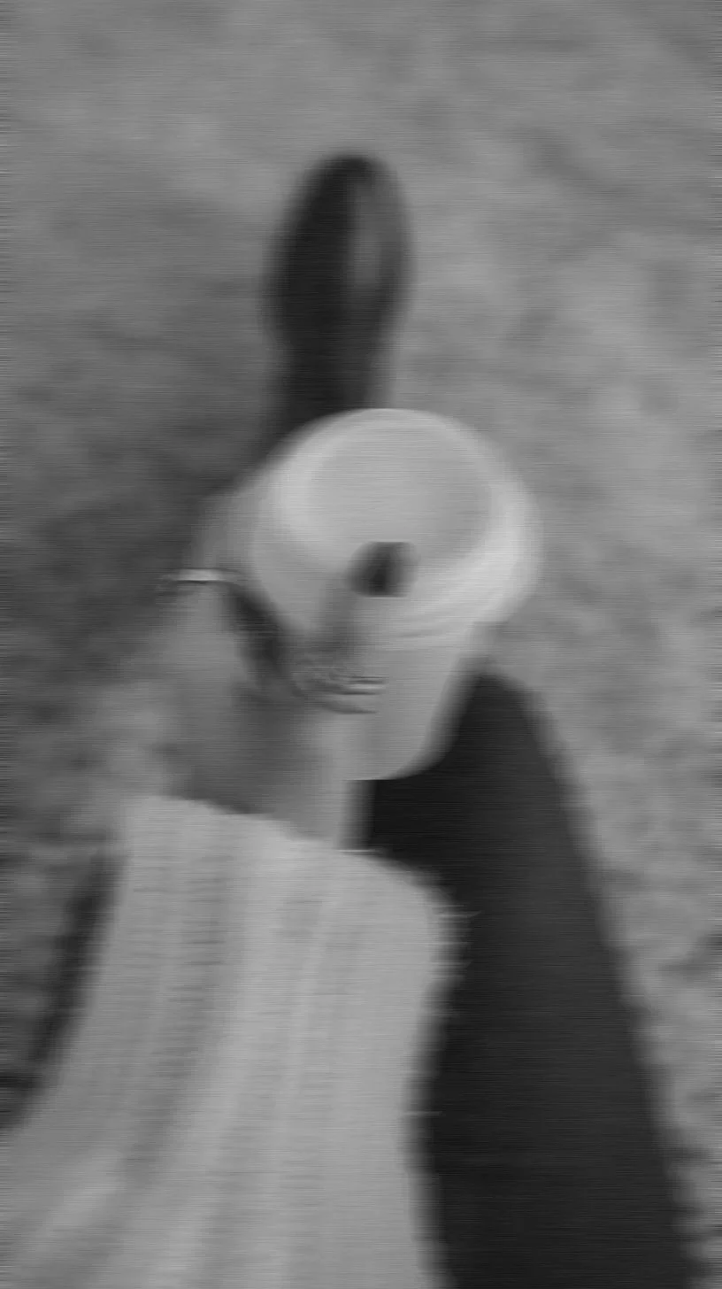 Black and white photo of a person holding a white mug with a dark beverage, taken from a top-down perspective, with the person's hand and sleeve visible.