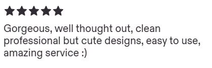 Five-star customer review praising gorgeous, well-designed products, easy use, and amazing service