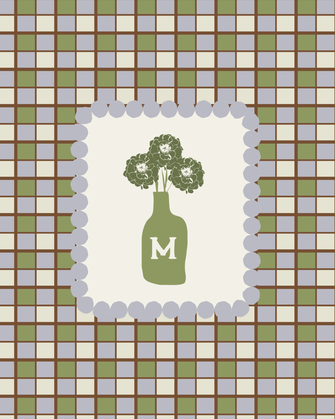 A decorative image featuring a green vase with the letter 'M' on it, holding three large flowers, framed with gray scalloped border on a background of a multicolored checkered pattern with green, beige, and purple squares.