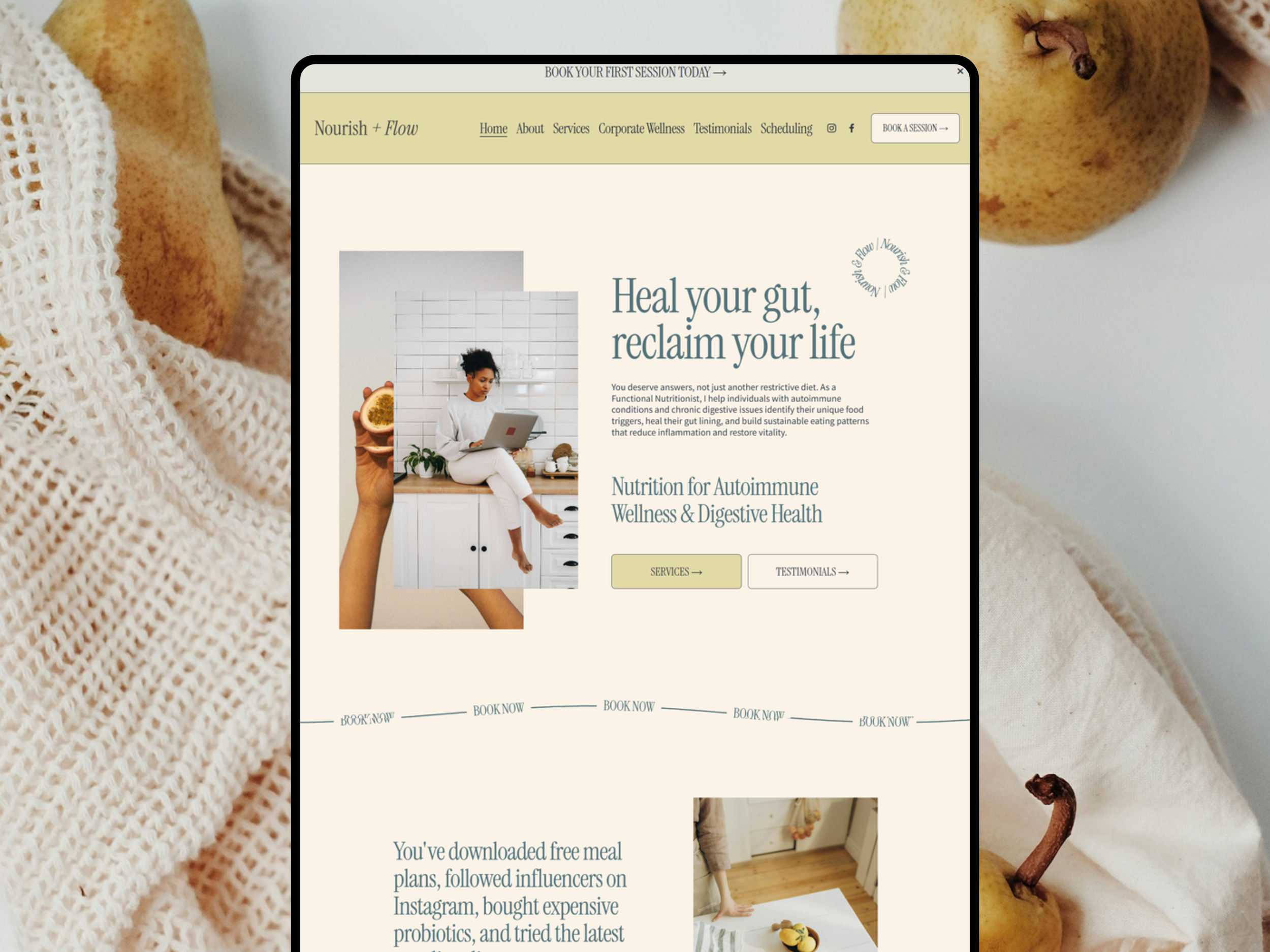 Nourish + Flow functional nutrition website displayed on a laptop, featuring gut health and autoimmune wellness services.