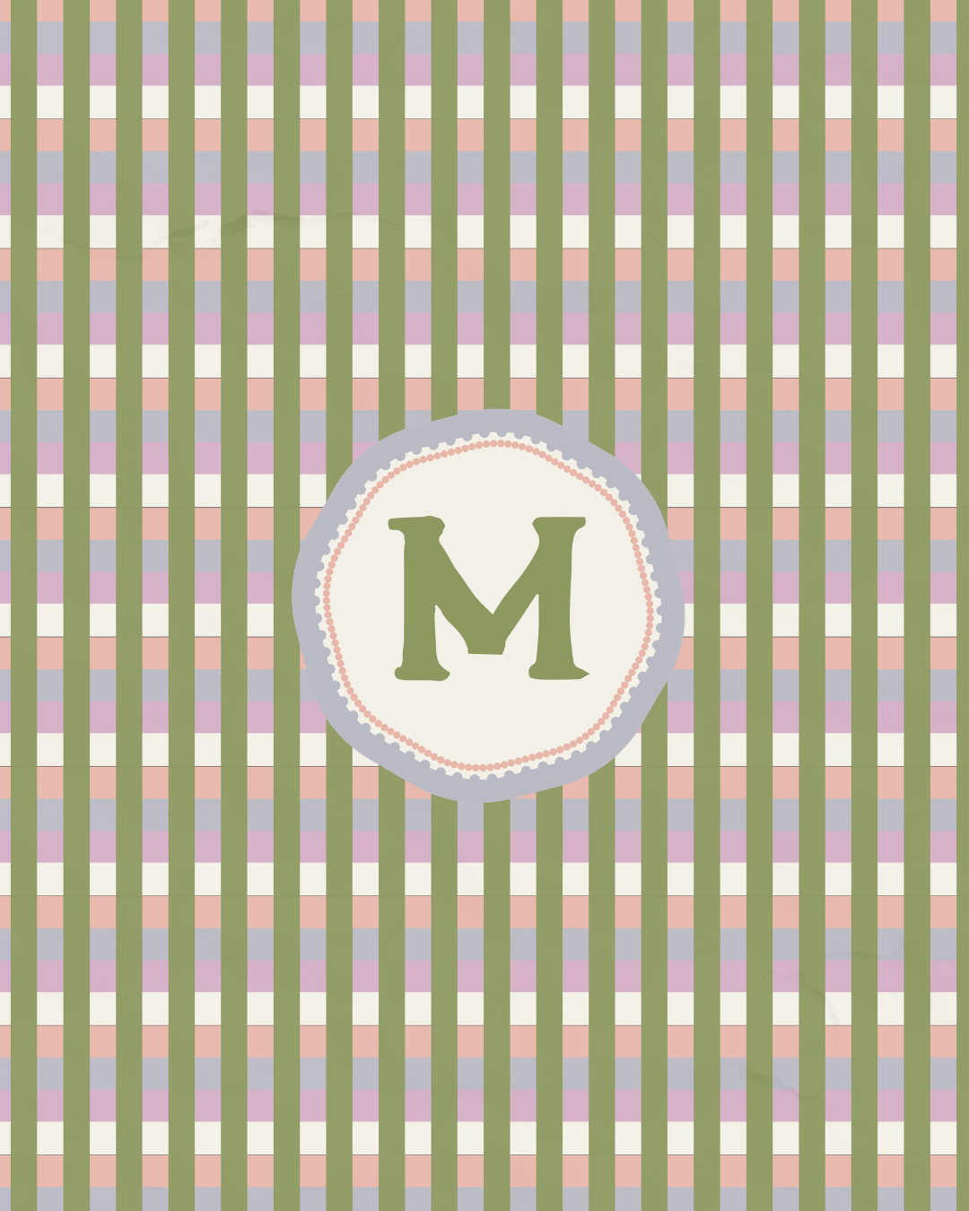 Decorative pattern with green and pastel-colored stripes and a circular monogram with the letter M in the center.