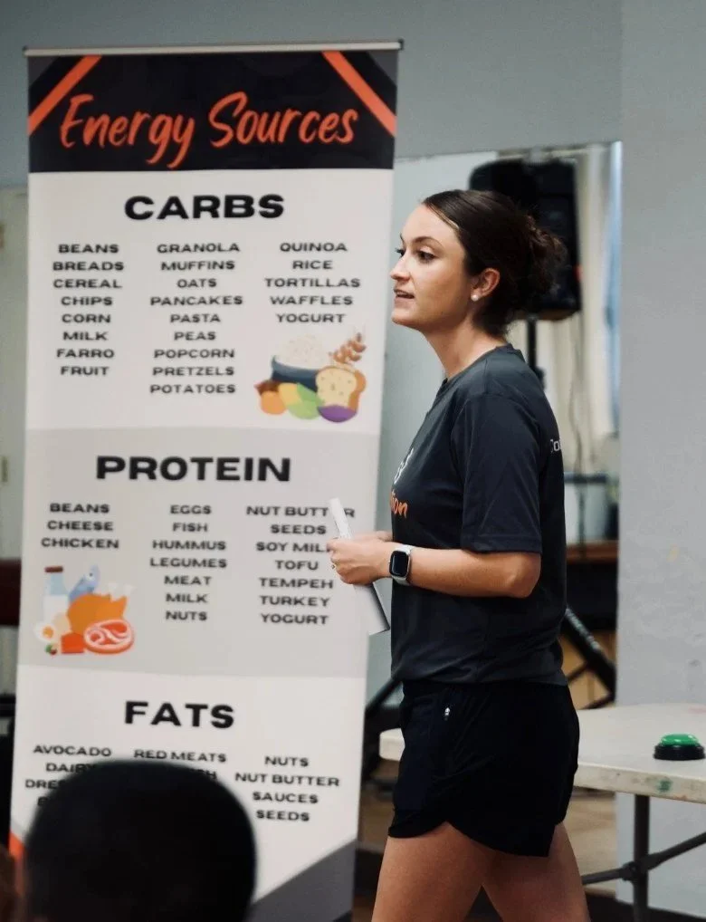 Sarah Bixby, dietitian and owner of Conshy Nutrition, giving a sports nutrition workshop to a youth basketball camp.