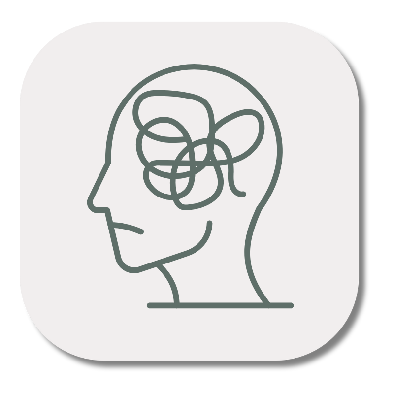 Line drawing of a human head profile with a tangled scribble inside representing a messy or complex mind.