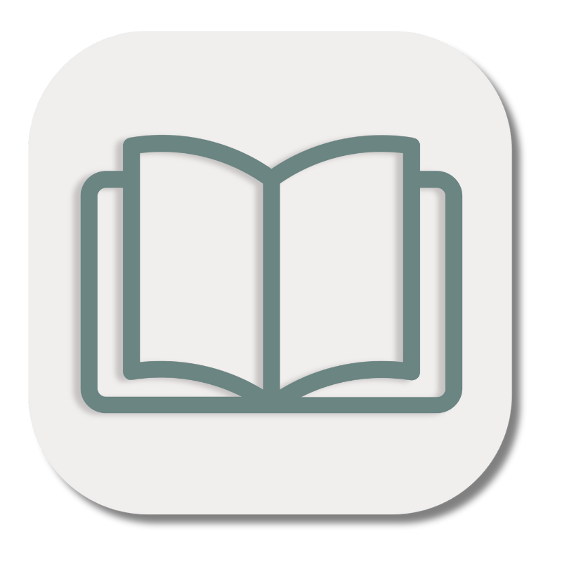 Icon of an open book on a white background with rounded corners.