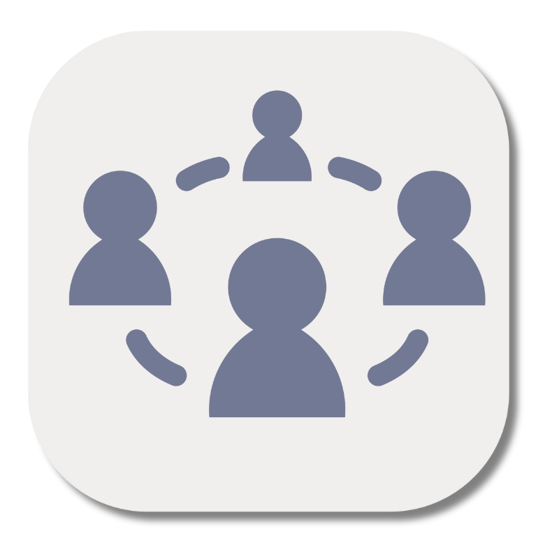 Icon of four people connected by dotted and solid curved lines, indicating teamwork or collaboration.