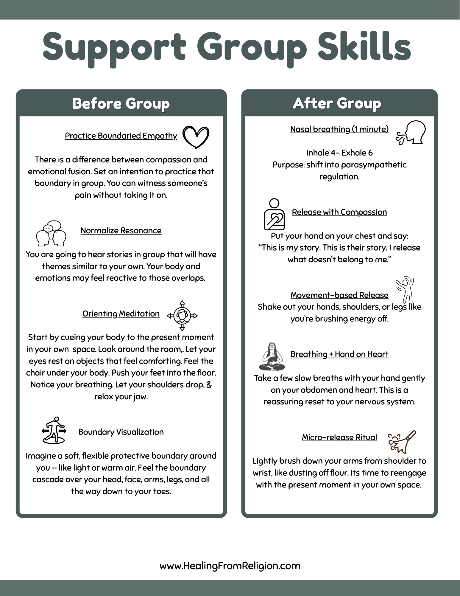A guide titled 'Support Group Skills' with sections 'Before Group' and 'After Group.' It includes text on empathy, resonance, meditation, visualization, breathing, compassion, movement, and relaxation, along with simple icons and a website link at the bottom.