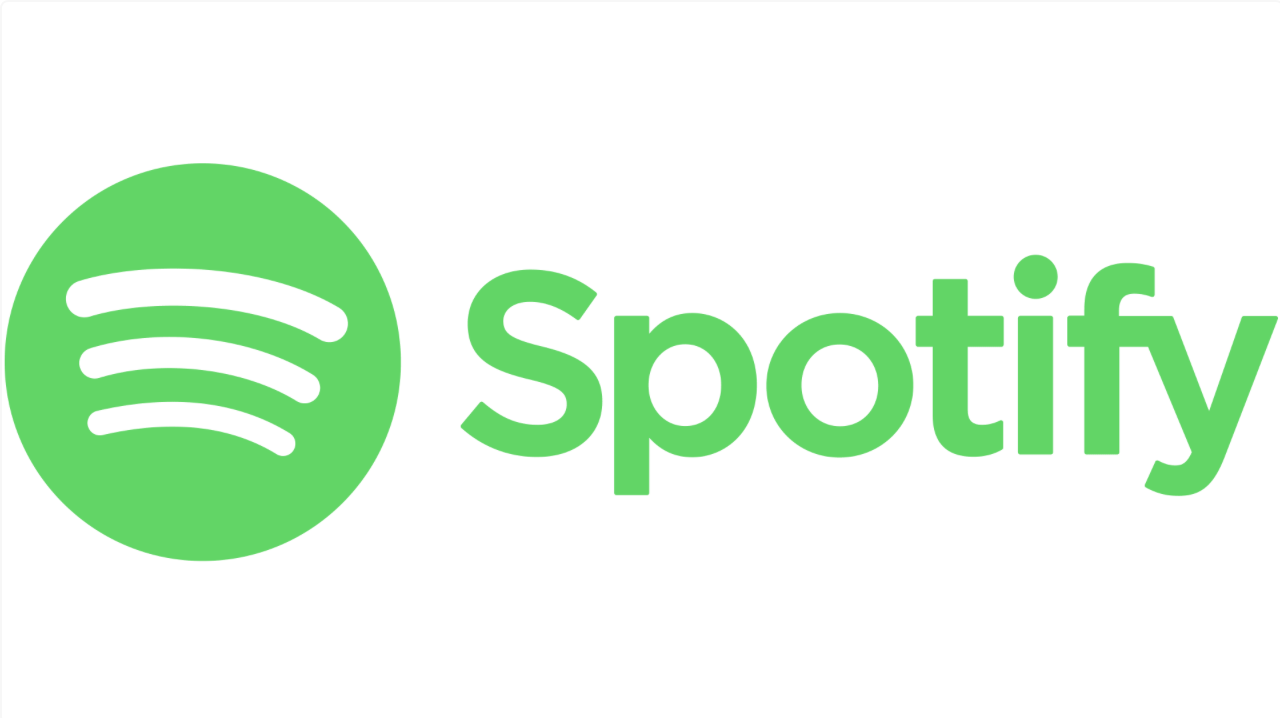 Spotify logo with green circle and white sound wave icon, and the word 'Spotify' in green text.