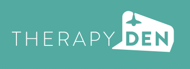 Therapy DEN logo with teal background and white text