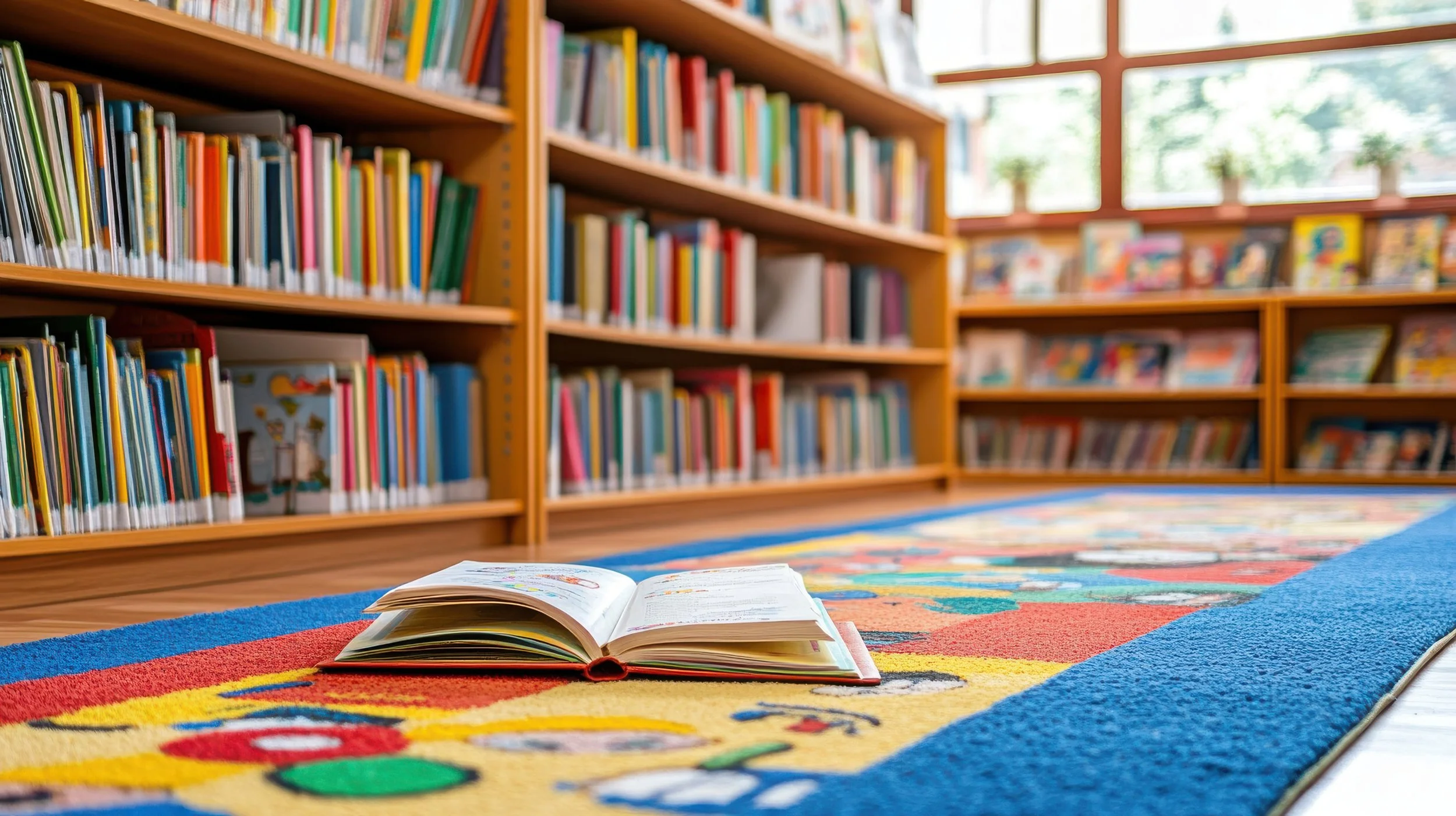 Open book on the floor in a children's library