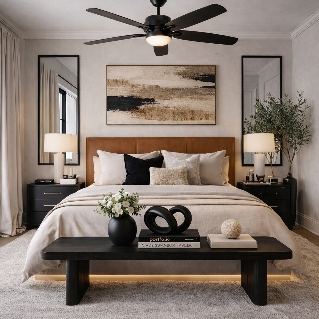 Sophisticated bedroom design with a king-sized bed, modern black accents, and layered textures. This Atlanta interior features curated artwork, warm lighting, and a calming, hotel-inspired aesthetic designed for comfort and elegance.