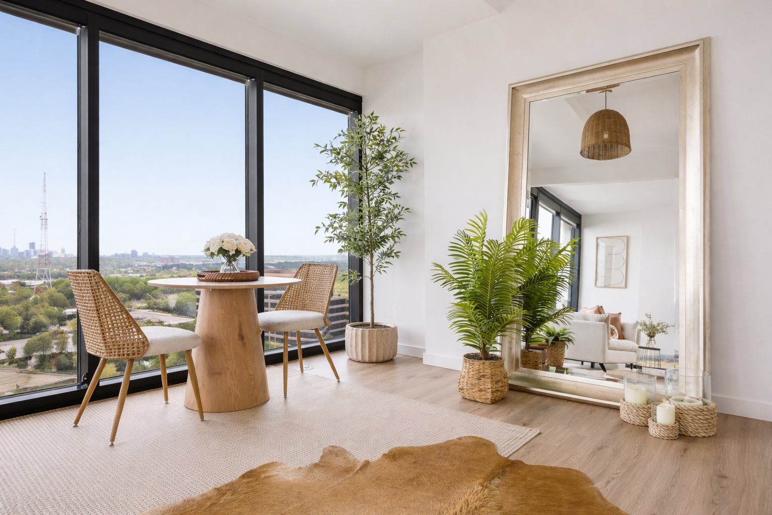 Light-filled living space with natural textures, greenery, and modern furnishings. This interior highlights cohesive styling, intentional layouts, and luxury interior design for open-concept Atlanta homes.