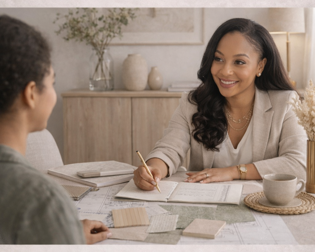 Interior design consultation in Atlanta featuring a collaborative design strategy session with clients reviewing materials, layouts, and styling concepts for a personalized home transformation.