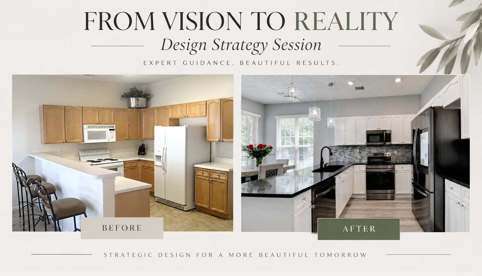 Comparison of a kitchen before and after renovation with text overlay. The 'before' image shows a kitchen with light wood cabinets, white appliances, and a breakfast bar with chairs. The 'after' image features a modern kitchen with white cabinets, black countertops, and stainless steel appliances, along with a dining area with a flower centerpiece.