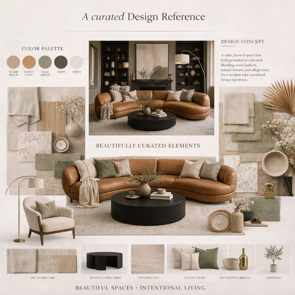 Interior design mood board featuring a neutral earth-tone color palette, fabric swatches, and curated decor elements. This concept reflects luxury interior styling, design planning, and cohesive home staging for modern Atlanta interiors.