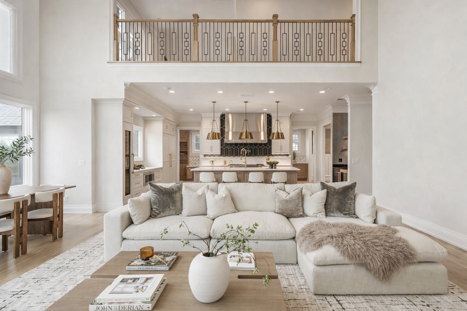 Luxury open-concept living room and kitchen design in Atlanta featuring a neutral color palette, oversized white sectional sofa, styled coffee table, and modern kitchen with white cabinetry, black backsplash, and gold pendant lighting.