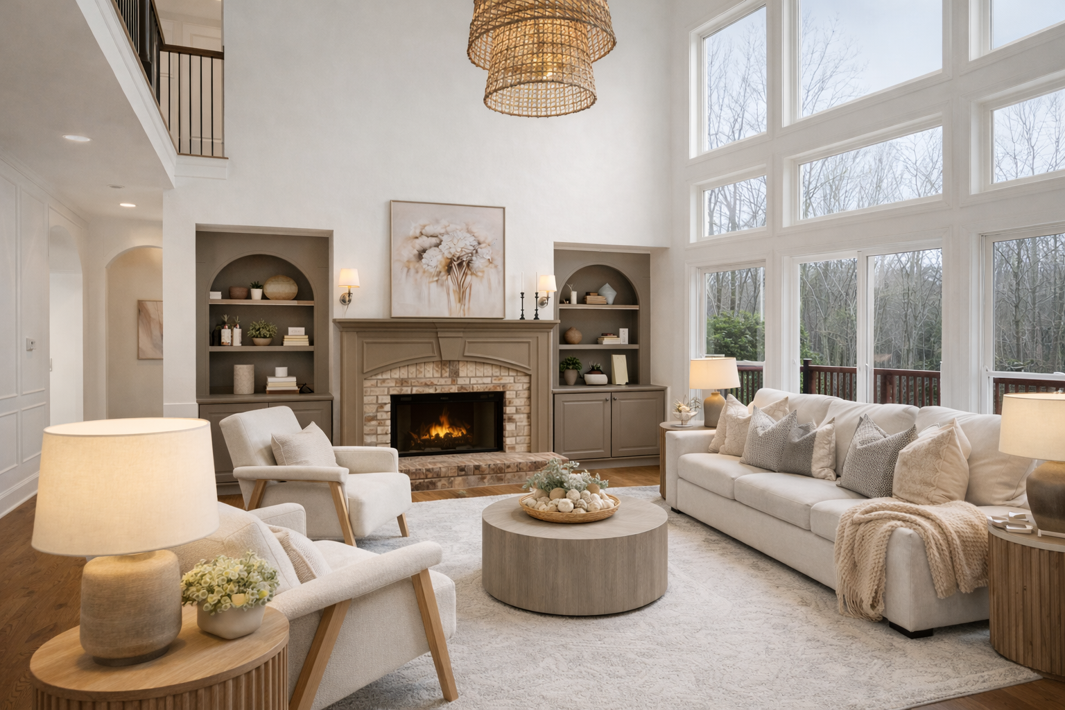 Luxury living room design in Atlanta featuring large windows, a white sofa and armchairs, a brick fireplace with a beige mantel, and custom built-in shelving. This bright, open space is styled with curated decor, soft lighting, and a designer coffee 