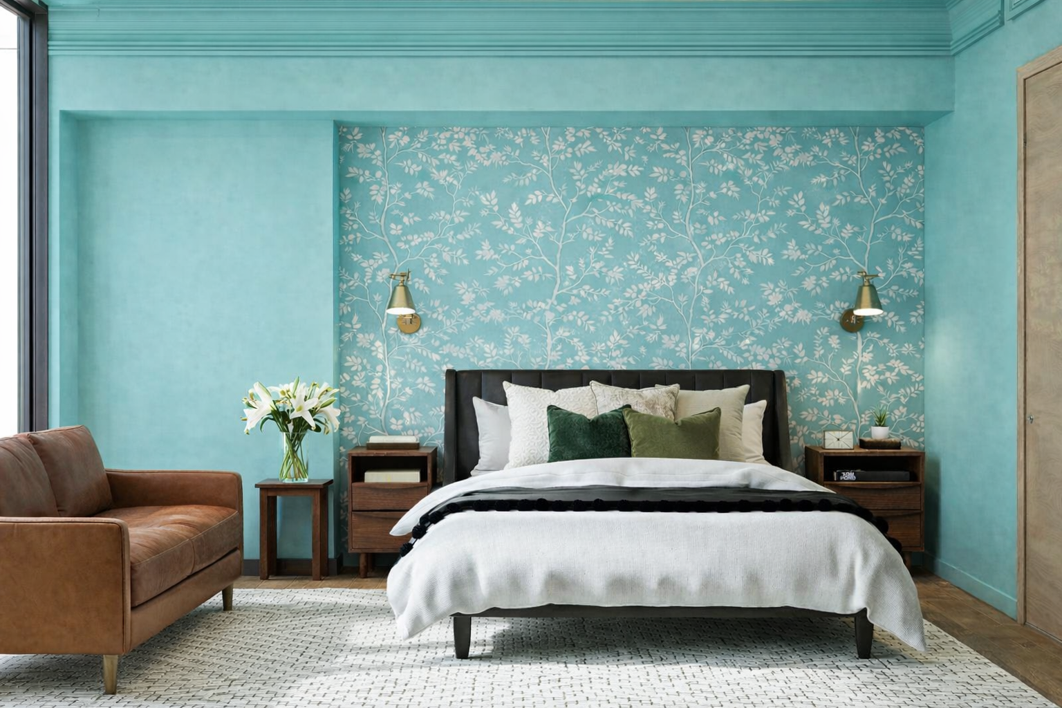 Luxury bedroom design in Atlanta featuring a black bed, white bedding, green accent pillows, and styled nightstands. Soft blue walls with decorative wallpaper create a calming, elegant space that reflects modern interior design and high-end home styl