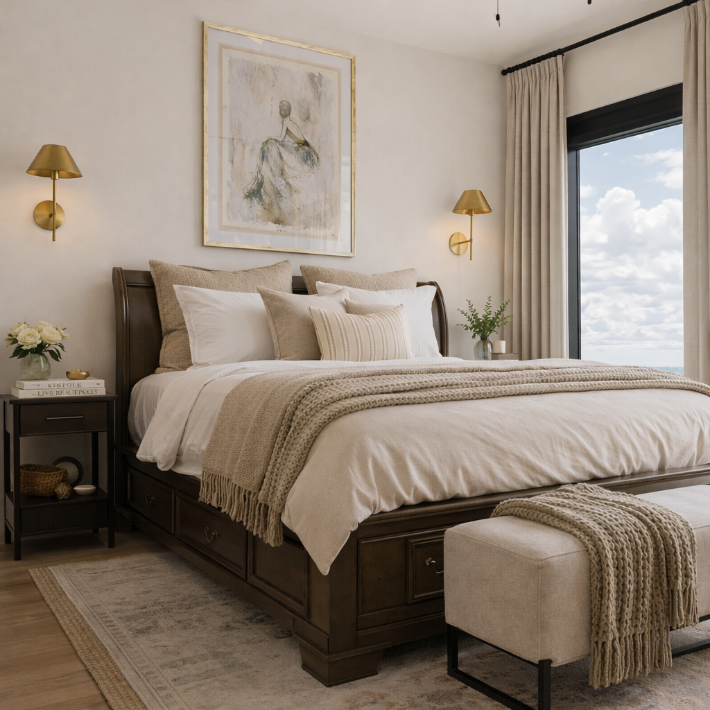 Elegant bedroom design in Atlanta with a wooden bed, neutral bedding, and gold wall sconces. Soft textures, natural light, and curated decor create a warm, inviting space that reflects luxury interior design and timeless style.