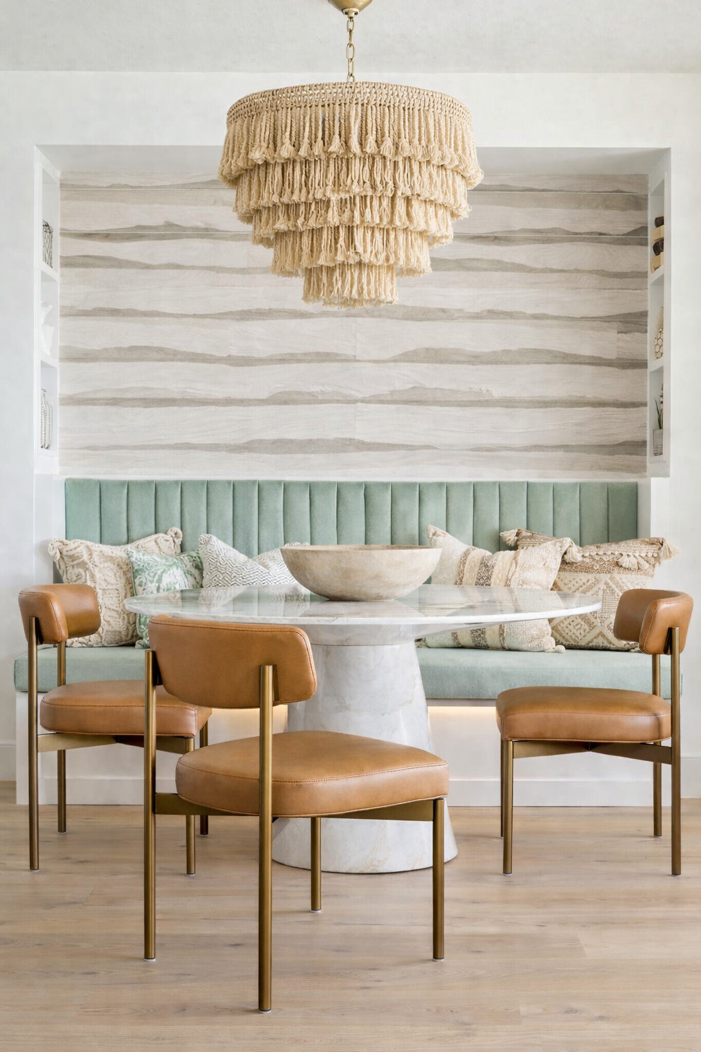 Modern dining room design in Atlanta featuring a round marble table, leather dining chairs, and a built-in bench with custom cushions. A woven chandelier and textured wall with built-in shelving add warmth, character, and elevated interior styling.