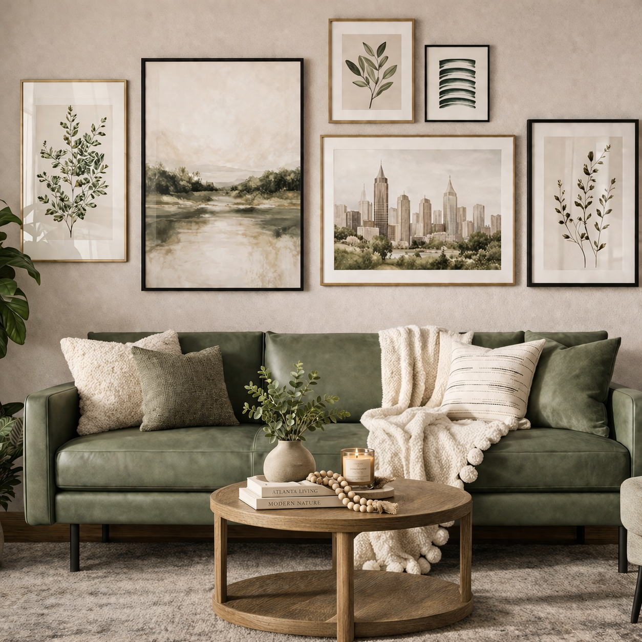 Modern living room design in Atlanta with a green leather sofa, styled cushions, and a curated coffee table with books and decor. The space features framed artwork, botanical elements, and layered textures, creating a sophisticated and nature-inspire