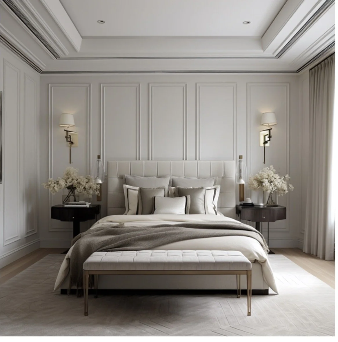 Elegant bedroom design in Atlanta with a large upholstered bed, layered neutral bedding, and symmetrical nightstands with wall-mounted lighting. This space highlights luxury interior design, balance, and a calm, sophisticated atmosphere.