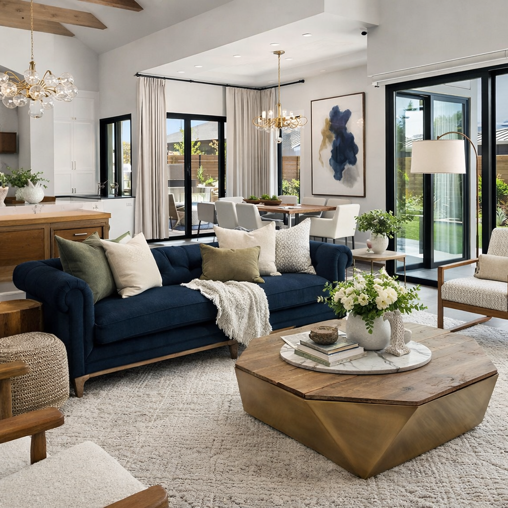 Contemporary Atlanta living room with navy blue sofa, white accent chairs, wooden coffee table, and open dining area, featuring natural light, glass doors, and cohesive modern styling.