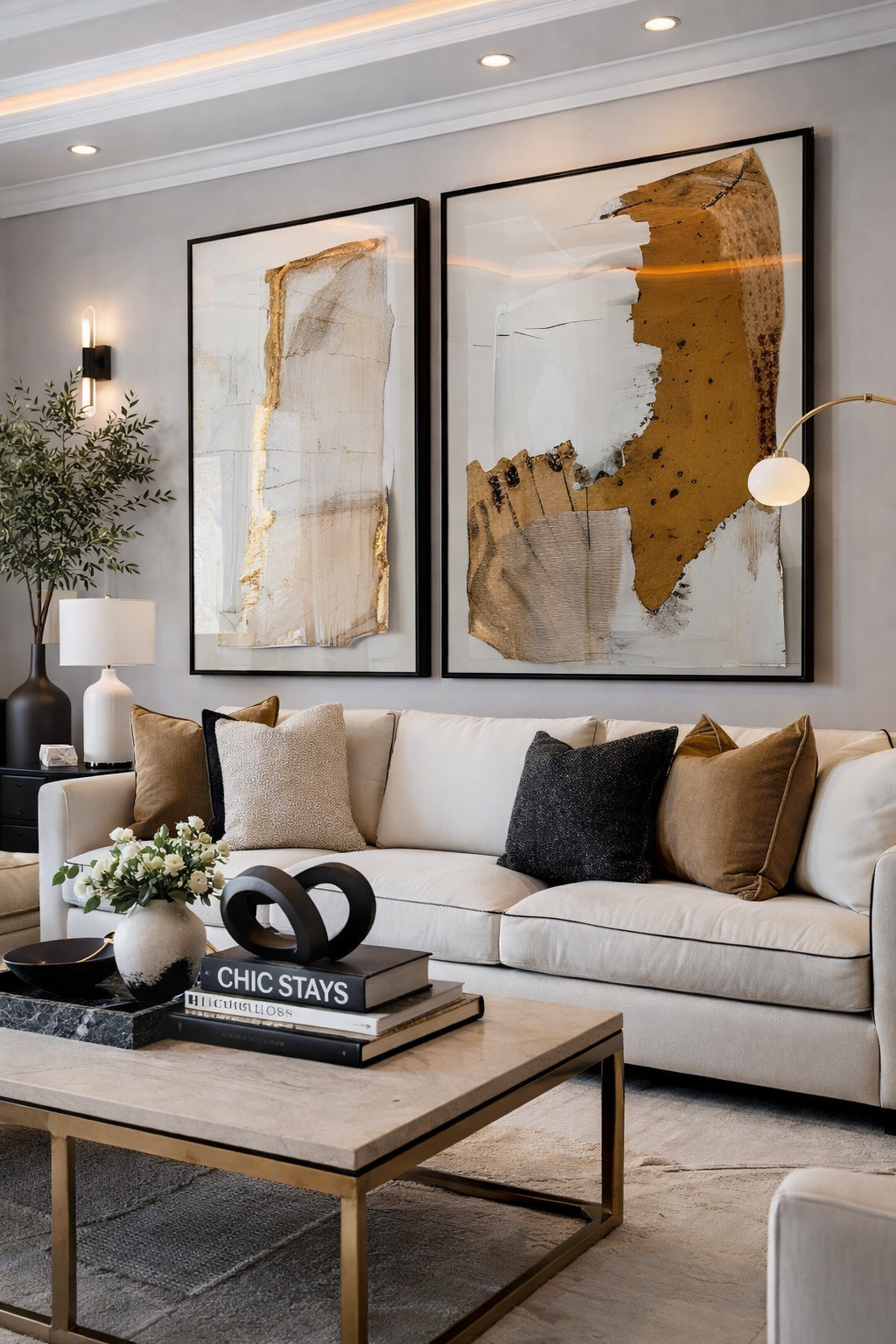 Elegant living room interior design in Atlanta with a white sofa, layered neutral pillows, marble coffee table, abstract wall art, and curated decor creating a sophisticated and inviting space.